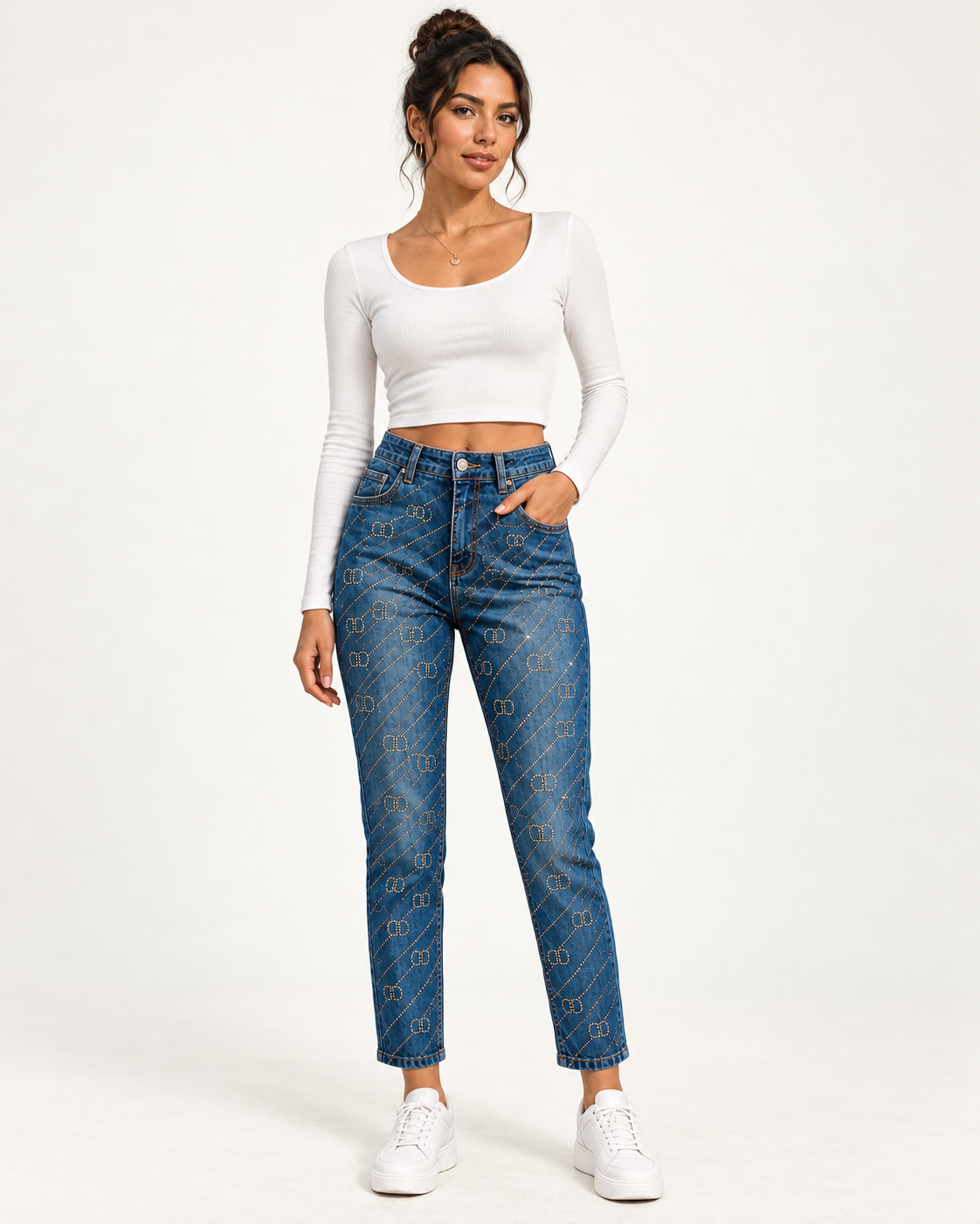 Jeans Strass Chain Blu