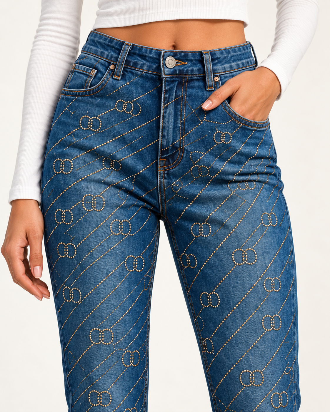 Jeans Strass Chain Blu