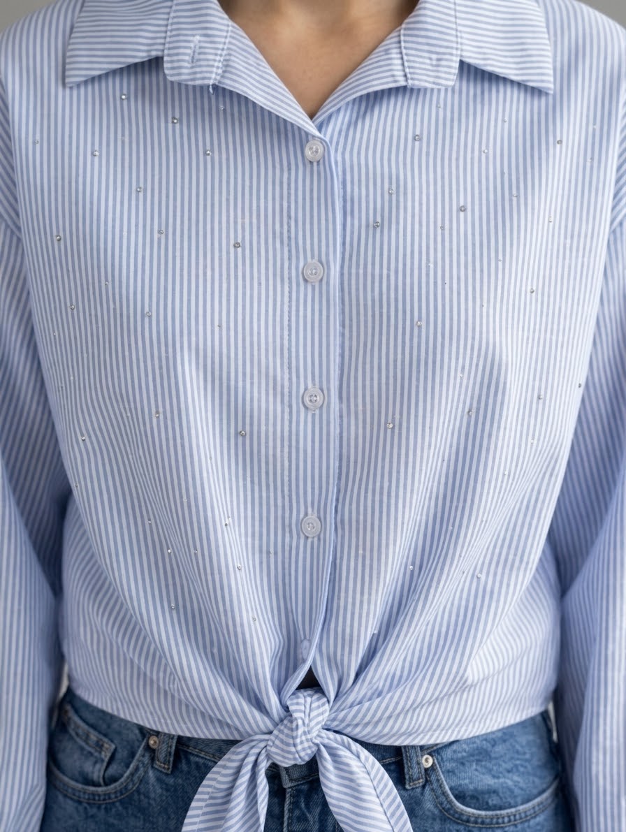 Camicia a Righe Azzurre con Nodo e Dettagli Brillantini