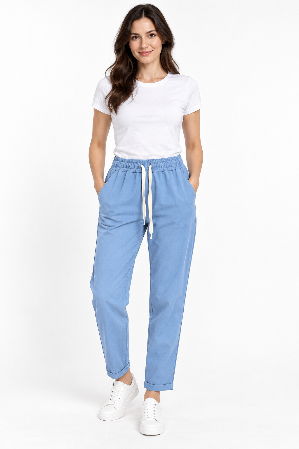Pantalone con coulisse chiara e risvolto
