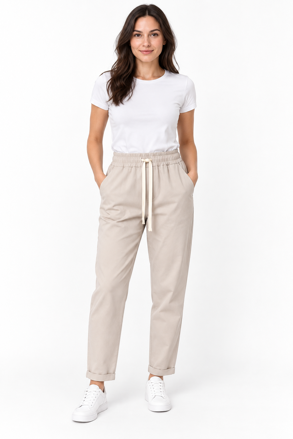 Pantalone con coulisse chiara e risvolto
