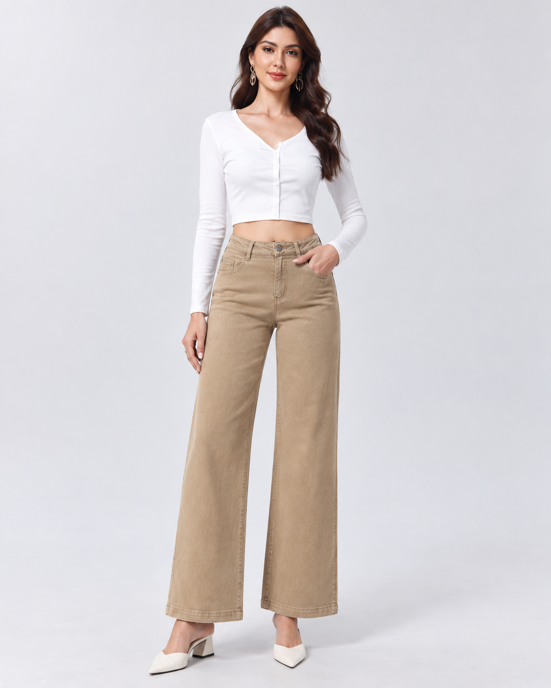 Jeans Wide Leg Beige con Patch Bordeaux