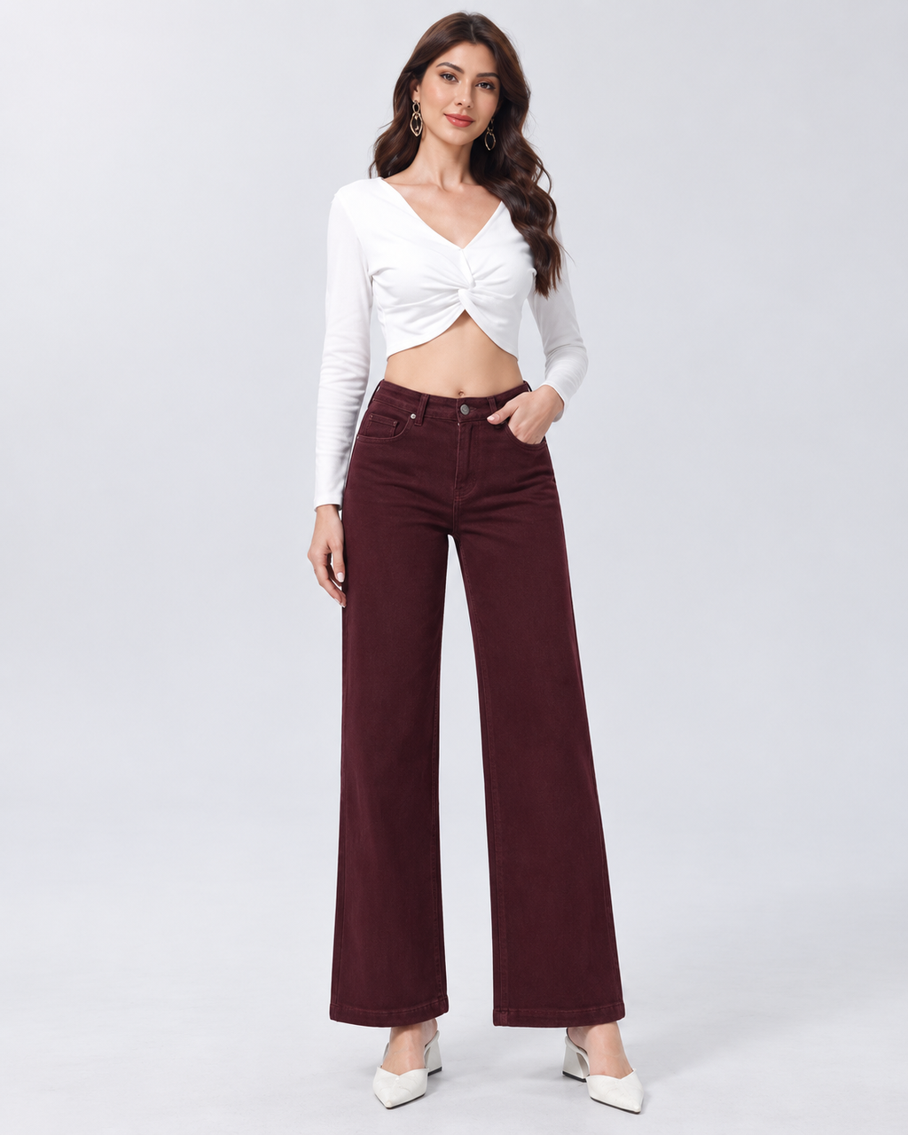 Jeans Wide Leg Bordeaux con Patch Nera