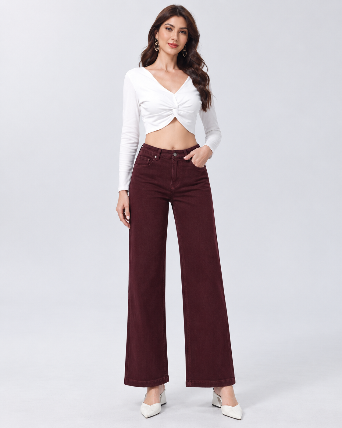 Jeans Wide Leg Bordeaux con Patch Nera