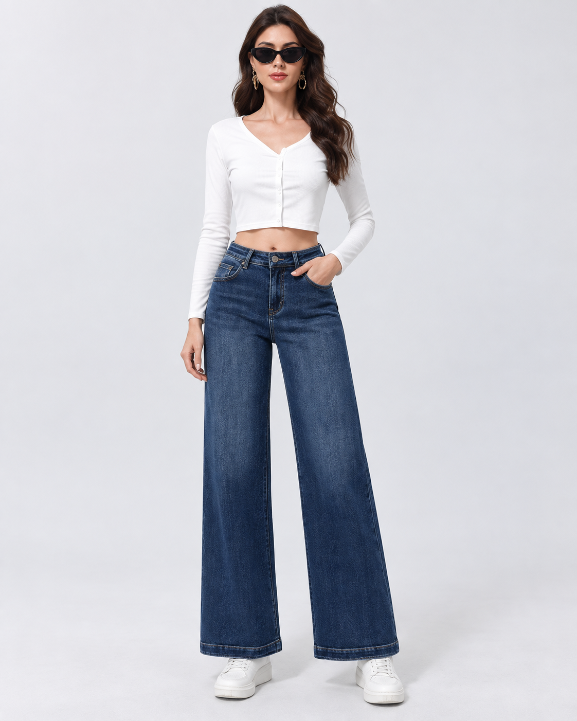 Jeans Wide Leg Denim Blu con Patch Bordeaux