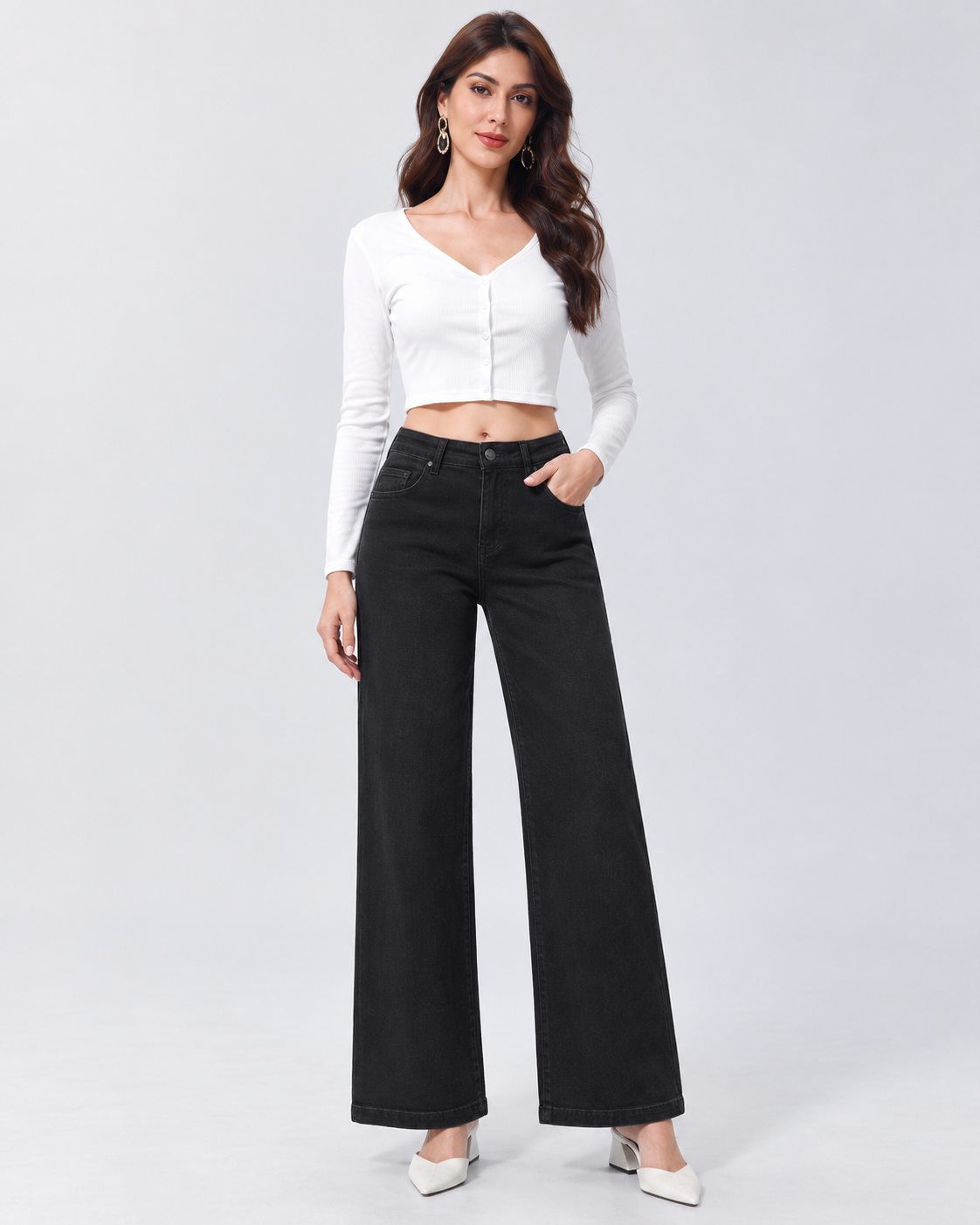 Jeans Wide Leg Nero con Patch Bordeaux